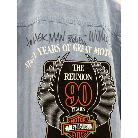 Harley‎ Davidson 90th Anniversary Reunion Chambray Shirt XL AUTOGRAPHED Blue - Picture 4 of 8
